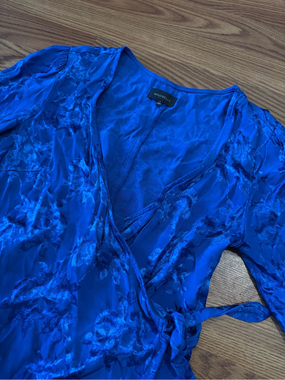 Majorelle Blue Floral Jacquard Wrap Mini Dress | Size Medium - Picture 2 of 4